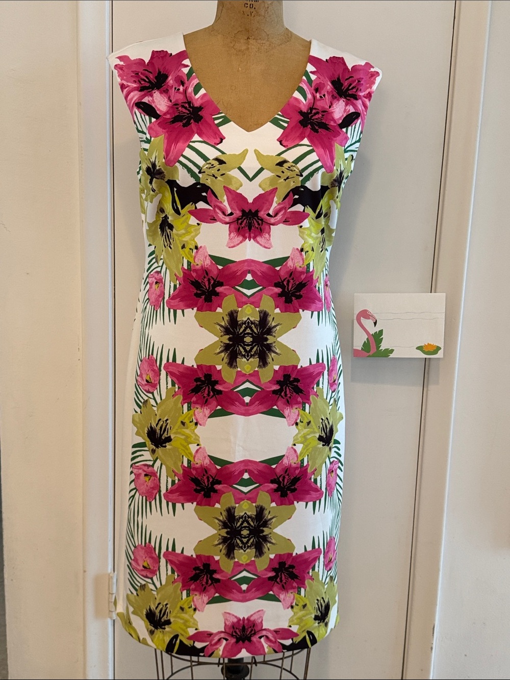 INC International Concepts White V-Neck Floral Sheath Dress with Hot Pink & Lime